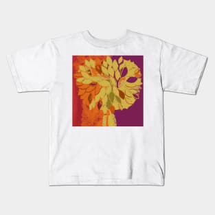 Tree, fall leaves orange plum gold red, fiber art textile photography mixed media digital Kids T-Shirt